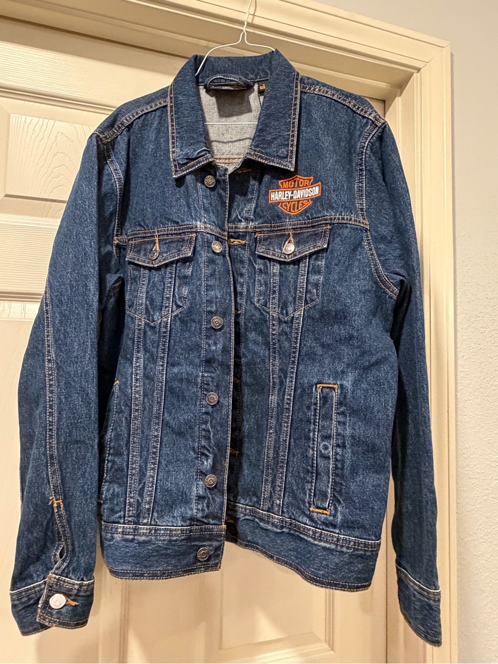 Harley-Davidson Dark Blue Denim Trucker Jacket with Orange Logo Patch